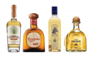 Four tequila bottles: Arette Anejo, Don Julio Reposado, El Tequileno Anejo and Patron Anejo