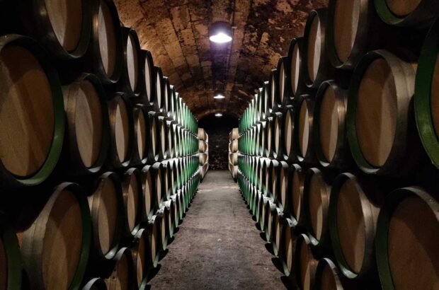 Image of barrels stacked in a wine cave.