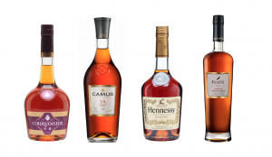 Four bottles of VS Cognac: Frapin, Courvoisier, Hennessy, Camus
