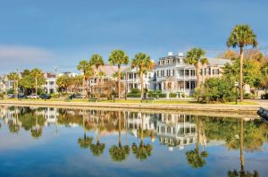 Traditional houses alongside Colonial Lake in historic Charleston