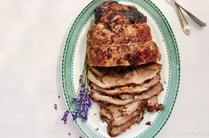 Slow-roast lamb with lavender, lemon & apricots