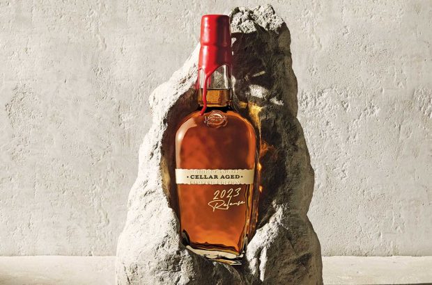 A bottle of Maker’s Mark Cellar Aged set in a piece of limestone