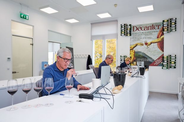 Spain expert judges Pierre Mansour, Pedro Ballesteros Torres MW and Sarah Jane Evans MW assess wines in the Decanter tasting suite