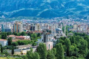The Tirana skyline, with the Great Mosque in the foreground