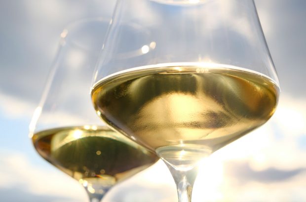 Two glasses of white wine against sunny sky background