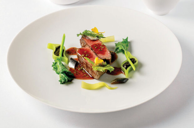 A5 Wagyu from Gunma Prefecture, Japan, with celtuce, shiso and fermented pepper at Hélène Darroze at the Connaught