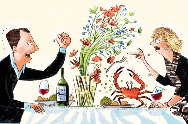 illustration of two people engaged in debate over a dinner table