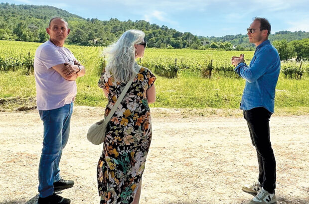 Tina Gellie with winemaker Raymond Gimenez (left) and vineyard manager Guillaume Vidal