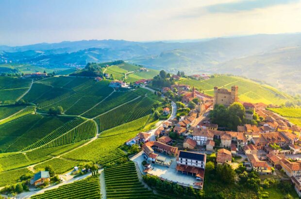 Stunning Serralunga d’Alba, surrounded by the vine-covered hills of the Langhe region.