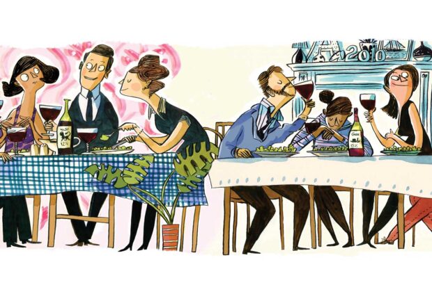 Illustration of guests at a dinner party