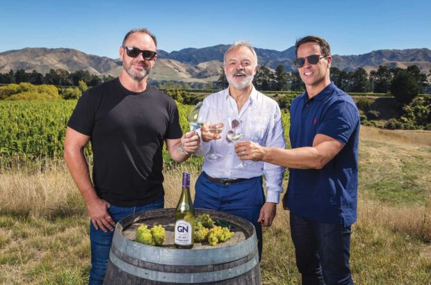 Graham Norton and Invivo co-founders Rob Cameron and Tim Lightbourne in Awatere Valley
