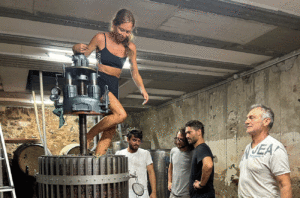 Eliza Dumais doing some foot treading.