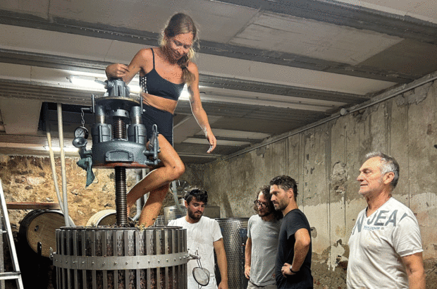 Eliza Dumais doing some foot treading.