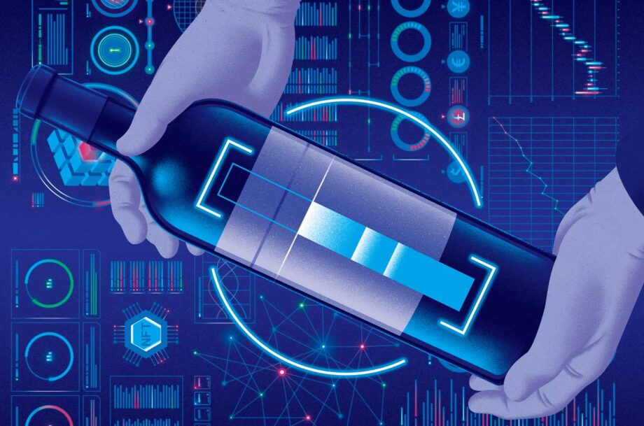 Illustration of hand holding bottle of wine with graphs and figures in background