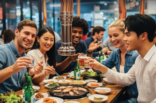 People eating and drinking soju around a table