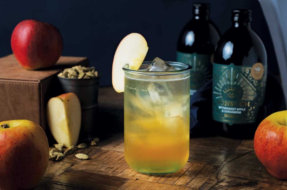 Bottles and glass of Nonsuch Bittersweet Apple & Cardamom Shrub