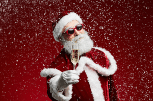 Image of Santa in sunglasses holding a glass of Champagne.