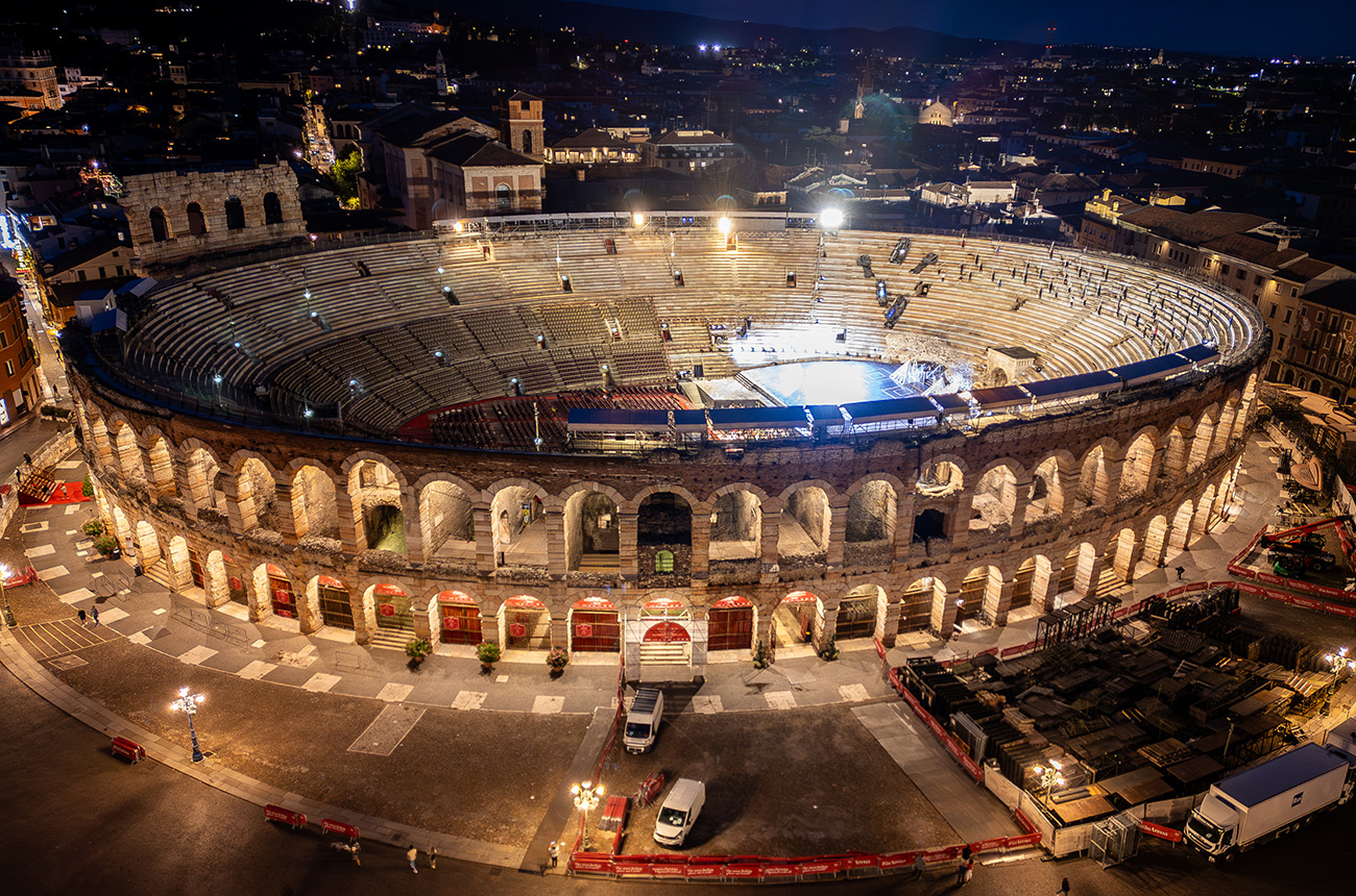 Aerial drone view from Piazza Bra looking at the Verona Arena, an old Roman amphitheatre built in the 1st century AD GettyImages-2213711746