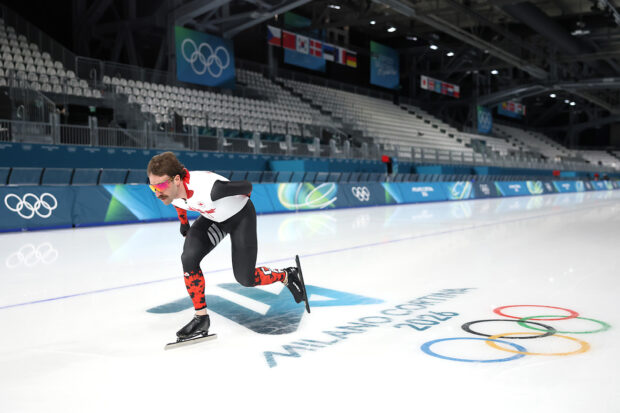 Antoine Gelinas-Beaulieu of Team Canada trains on day minus three of the Milano Cortina 2026 Winter Olympic games GettyImages-2259697856