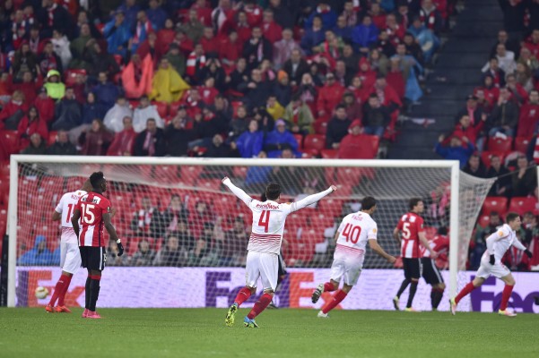 Sevilla's Grzegorz Krychowiak, celebrates after scoring during the quarterfinal first leg of the Europa League match, between Athletic Bilbao and Sevilla. Sid Lowe's Notes from Spain