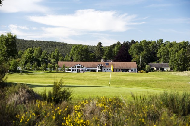 Looking across the 1st green to the club house at Boat of Garten