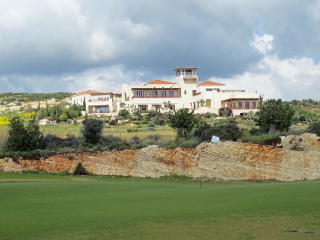 A view from the 16th green up to the luxurious clubhouse