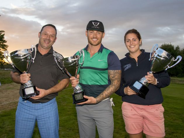 American Golf Long Drive Championship winners Anton Reader (over 45s), Lucan Dornan and Rebecca McGinley