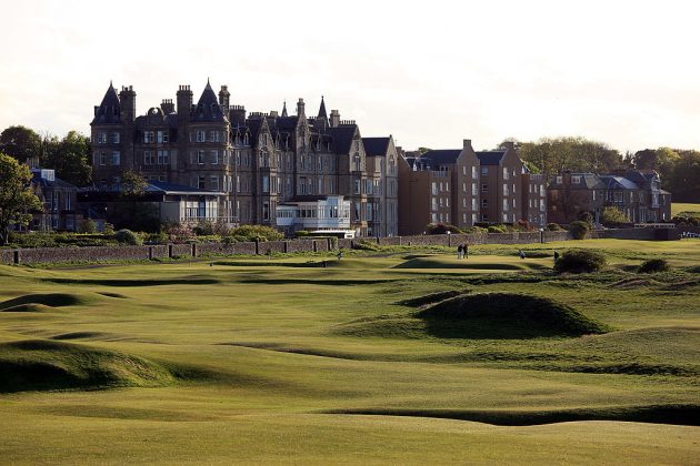 A view back down the 17th hole to the Marine Hotel and the 16th green at North Berwick Golf Club. top golf courses in Scotland