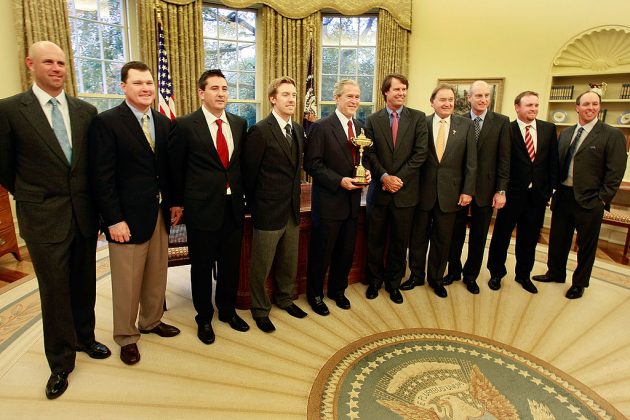 President George W. Bush with the 2008 US Ryder Cup team in The Oval Office. Credit: Getty Images