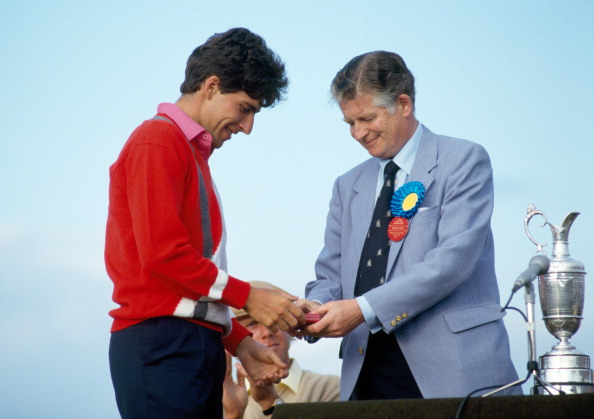 Jose Maria Olazabal of Spain receives a medal for the lowest amateur score at the British Open Golf Championship held at the Royal St George's Golf Club in Sandwich, 21st July 1985. (Photo by Phil 