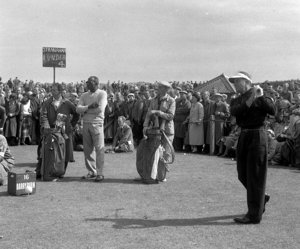 Golf, 1953, British Open Championship at Carnoustie, A picture of Frank Stranahan of the USA teeing off (Photo by Bob Thomas/Getty Images)