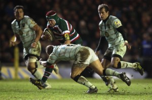 Leicester try-scorer Marcos Ayerza on the attack against Northampton