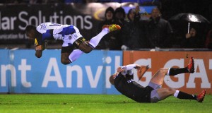 Slippery when wet: Hits fly in during Falcons v Bath