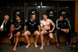 Naked ambition: Beauden Barrett chats with his team-mates
