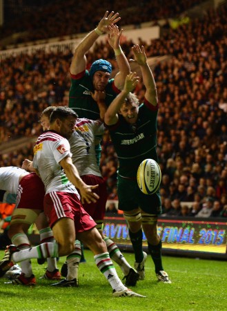 Pest: Gibson charges down Karl Dickson's kick