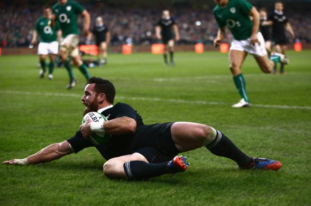 Right at the death: Ryan Crotty famously went over in extra time against Ireland last year