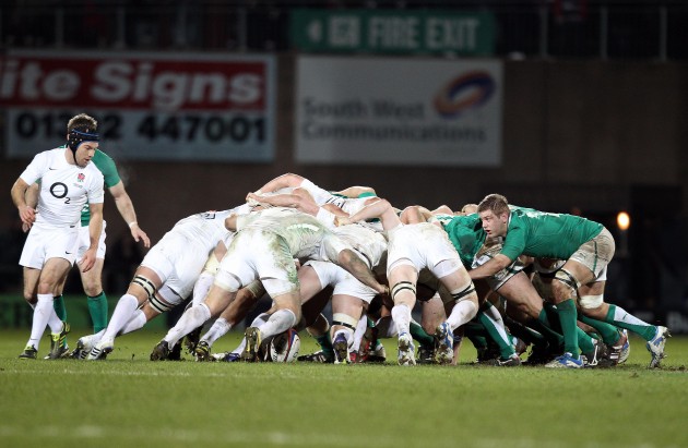 Doing battle: The Saxons and Wolfhounds packs had work to do at scrum-time. Photo: Inpho