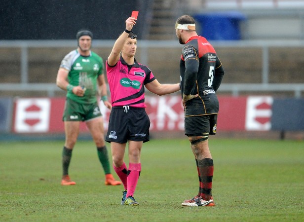 Off you go: Rynard Landman receives his red card. (Photo Inpho)