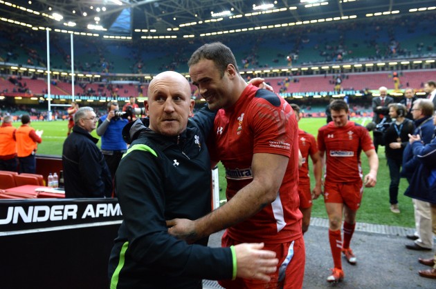 Pleased as punch: Shaun Edwards with Jamie Roberts