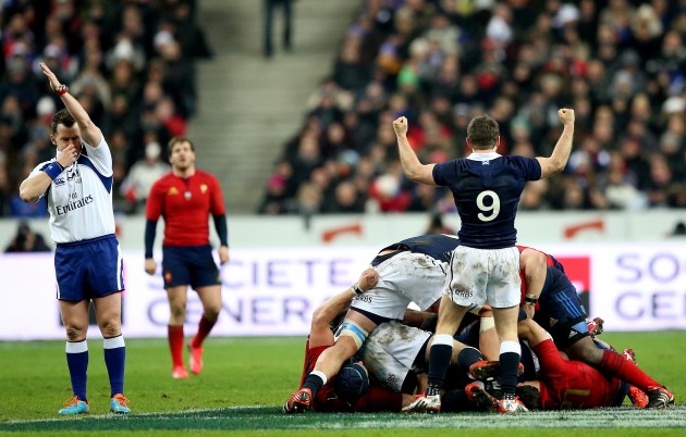 Being turned over: France concede a penalty against Scotland