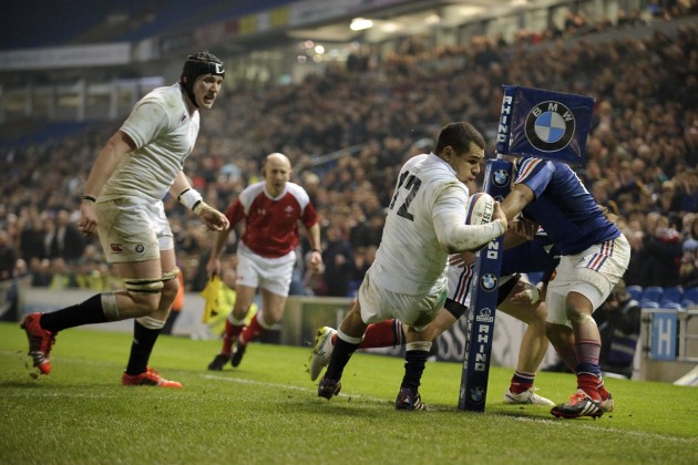 Star turn: Joe Marchant spins round to score a crucial try for England U20s. (Photo: Inpho)