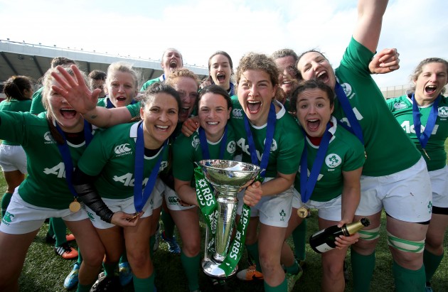 We did it! Ireland Women celebrate with Six Nations trophy after trouncing Scotland. (Photo: Inpho)