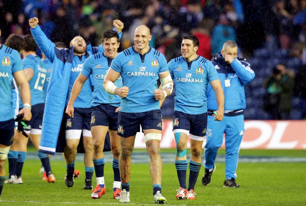 Super Sergio: A delighted Parisse and friends, after their win at BT Murrayfield. (Photo: Inpho)
