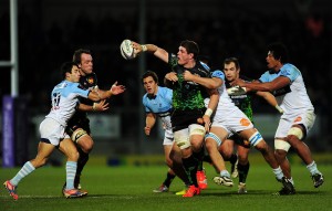 Long levers: Dave Ewers offloads on a trademark charge for Exeter Chiefs