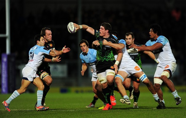 Long levers: Dave Ewers offloads on a trademark charge for Exeter Chiefs