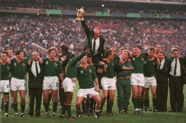 The 1995 Springboks hold coach Kitch Christie aloft