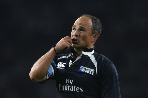 Jaco Peyper watches a replay in the England v Fiji game