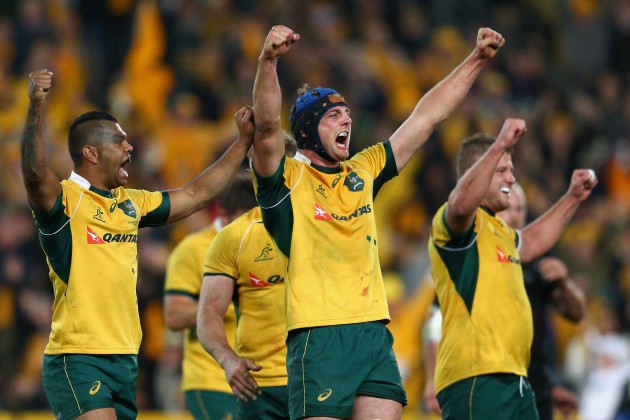 Big winners: the Wallabies celebrate winning the Rugby Championship