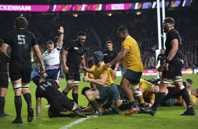 Timely intervention: Pocock is awarded the try by referee Nigel Owens