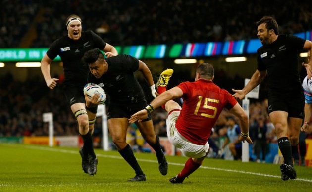 Move over! Savea runs through Scott Spedding on his way to scoring his second try of the night